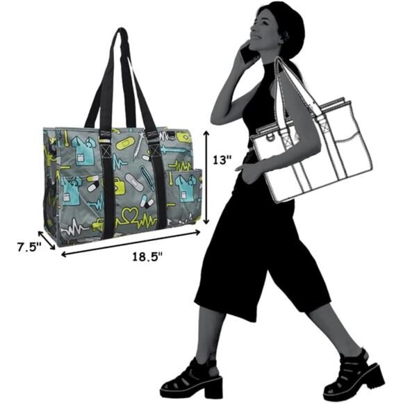 Zip-Top Tote Bag with Exterior Pockets for Working Women, Teachers - Picture 4 of 7